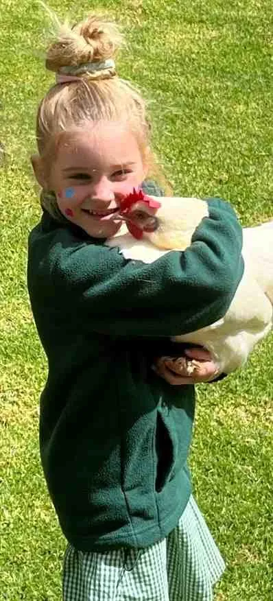 A Carraragarmungee student with face paint smiling as she gently holds one of the school's chickens on the grass